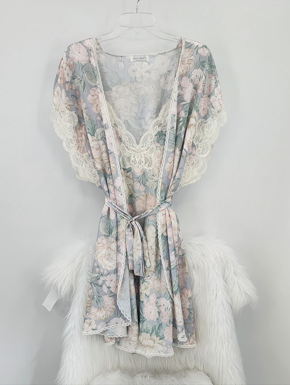 Vintage Lucie Ann II Pastel Pink Blue Floral Robe & Matching Nightgown Large